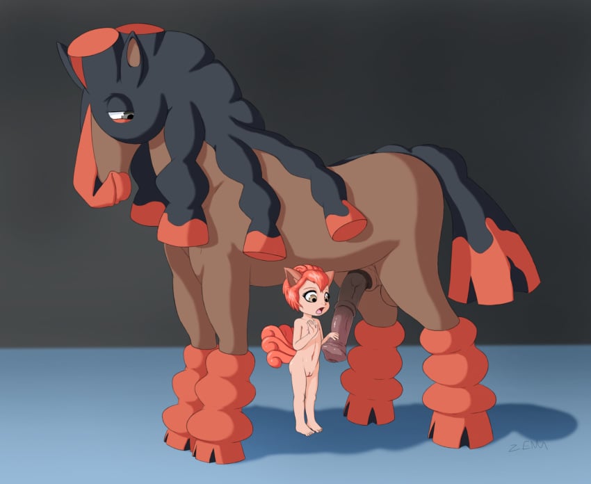 1boy 1girls animal_genitalia animal_penis anthro aza balls brown_eyes cub equine equine_penis eyelashes feet female female_cub female_on_feral flat_chest fox furry grey_eyes halfling handjob hooves horse horsecock large_penis male mammal monster_girl mudsdale navel nintendo nipples nude open_mouth penis pokemon pokemon_(species) pokemon_sm pussy size_difference standing straight tail testicles toes tongue veins veiny_penis vulpix zenu