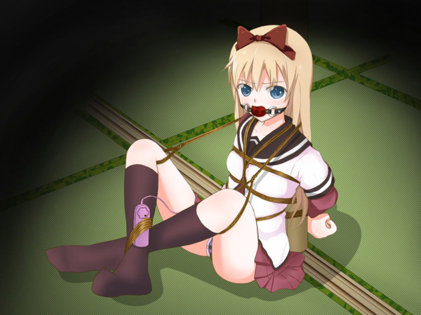 arms_behind_back ball_gag blonde_hair blue_eyes bondage bound bow clothing crotch_rope female femuto gag gagged hair_ornament hairbow panties restrained rope school_uniform skirt solo tied_up toshinou_kyouko underwear vibrator yuru_yuri