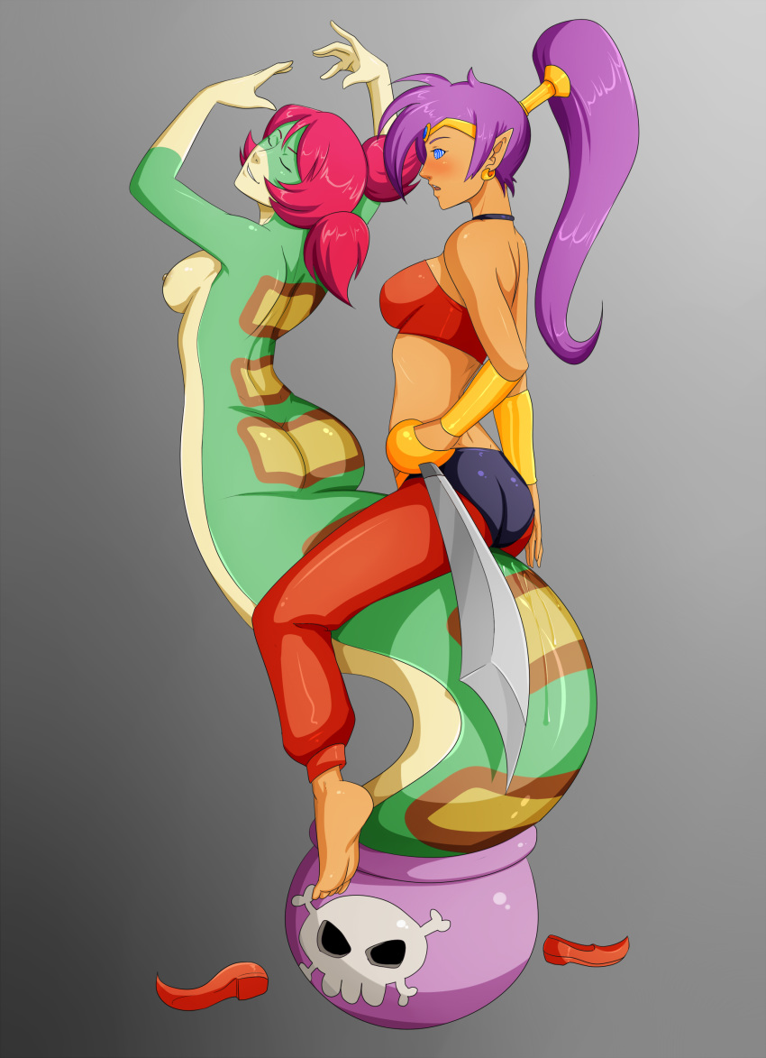 ass big_ass big_breasts breasts dark_skin female lamia mind_control monster_girl naga_girl nipples oo_sebastian_oo pussy_juice shantae shantae:_half-genie_hero shantae_(character) smooth_skin snake snake_girl spiral_eyes sword tuki_(shantae) weapon yuri