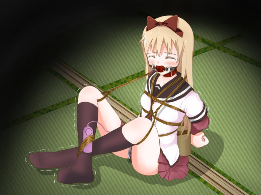 arms_behind_back ball_gag blonde_hair blush bondage bound bow closed_eyes clothing collar crotch_rope female femuto gag gagged hair_ornament hairbow panties restrained rope school_uniform skirt solo tied_up toshinou_kyouko underwear vibrator wet_panties yuru_yuri