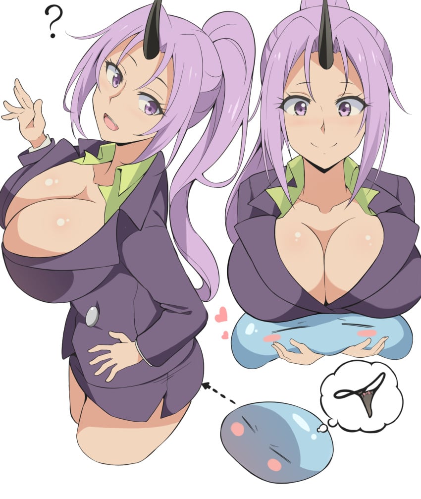 1girls ? big_breasts cleavage clothed female horn huge_breasts oni pantsuit purple_eyes purple_hair rimuru_tempest shion_(tensei_shitara_slime_datta_ken) skirt slime tensei_shitara_slime_datta_ken verseir_001 wide_hips