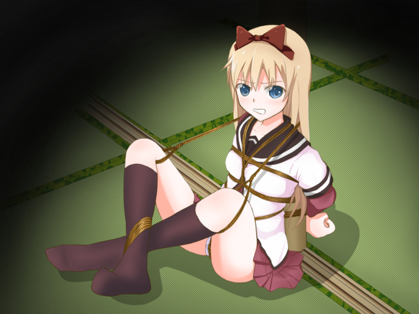 arms_behind_back blonde_hair blue_eyes bondage bound bow clothing crotch_rope female femuto hair_ornament hairbow panties restrained rope school_uniform skirt solo tied_up toshinou_kyouko underwear yuru_yuri