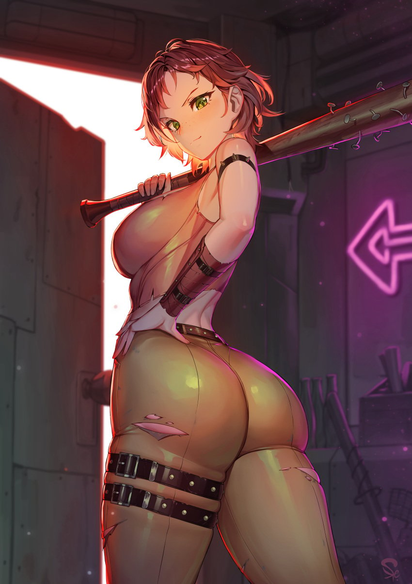 1girls absurdres arm_strap ass bare_shoulders baseball_bat belt big_ass breasts brown_hair bubble_butt butt cait_(fallout) celtic corset curly_hair detailed_background fallout fallout_4 female female_only gauntlet ginger ginger_hair green_eyes high_resolution highres holding holding_weapon human large_breasts light-skinned_female looking_at_viewer looking_back nail nail_bat nailed_bat neon_sign over_shoulder post_apocalyptic punk red_hair sci-fi science_fiction scifi short_hair sideboob skin_tight solo spiked_baseball_bat suerte thigh_strap thighs tight_clothing tight_pants torn_clothes very_high_resolution vest weapon