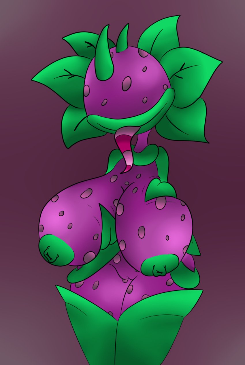 anthro areola big_breasts breasts chomper_(pvz) chompzilla_(pvz) eyeless female flora_fauna huge_breasts humanoid nipples nude plant plantie plants_vs_zombies plants_vs_zombies:_heroes pussy simple_background smile solo thompson-vonjung thorns tongue tongue_out