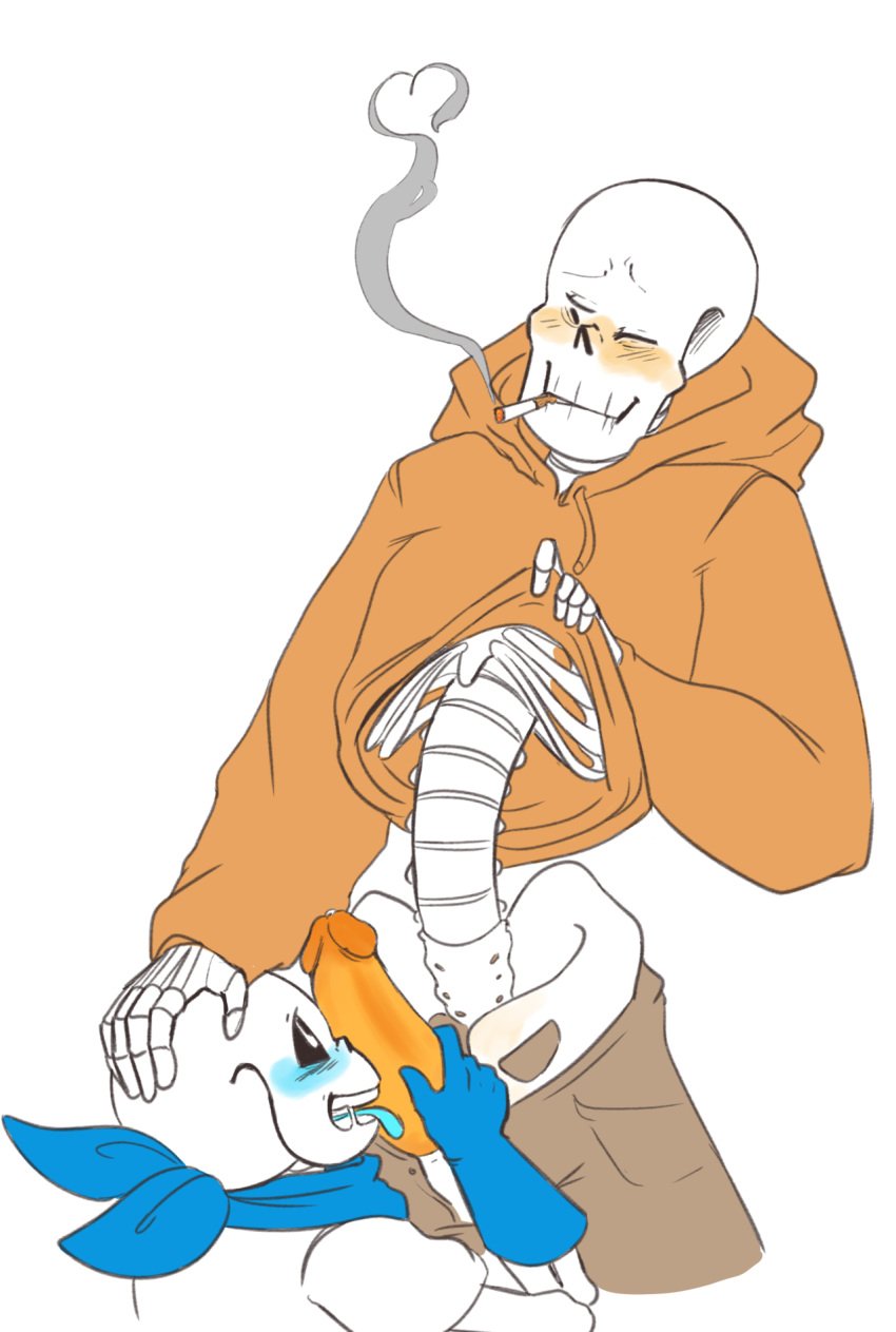 animated_skeleton blush bone cigarette clothed_sex fellatio incest male oral papyrus_au penis sans sans_au sex simple_background skeleton smoking tongue tongue_out undead underswap undertale_au unknown_artist white_background yaoi