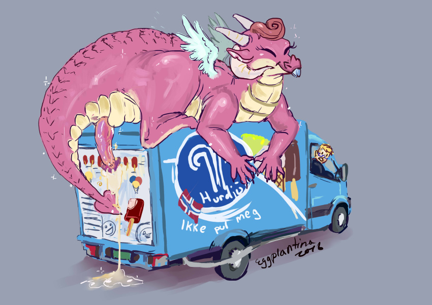 after_sex being_watched car cum dragon eggplantina erection feral horn human ice_cream_truck looking_back male mammal penis pink_scales scales simple_background solo tongue tongue_out vehicle wings