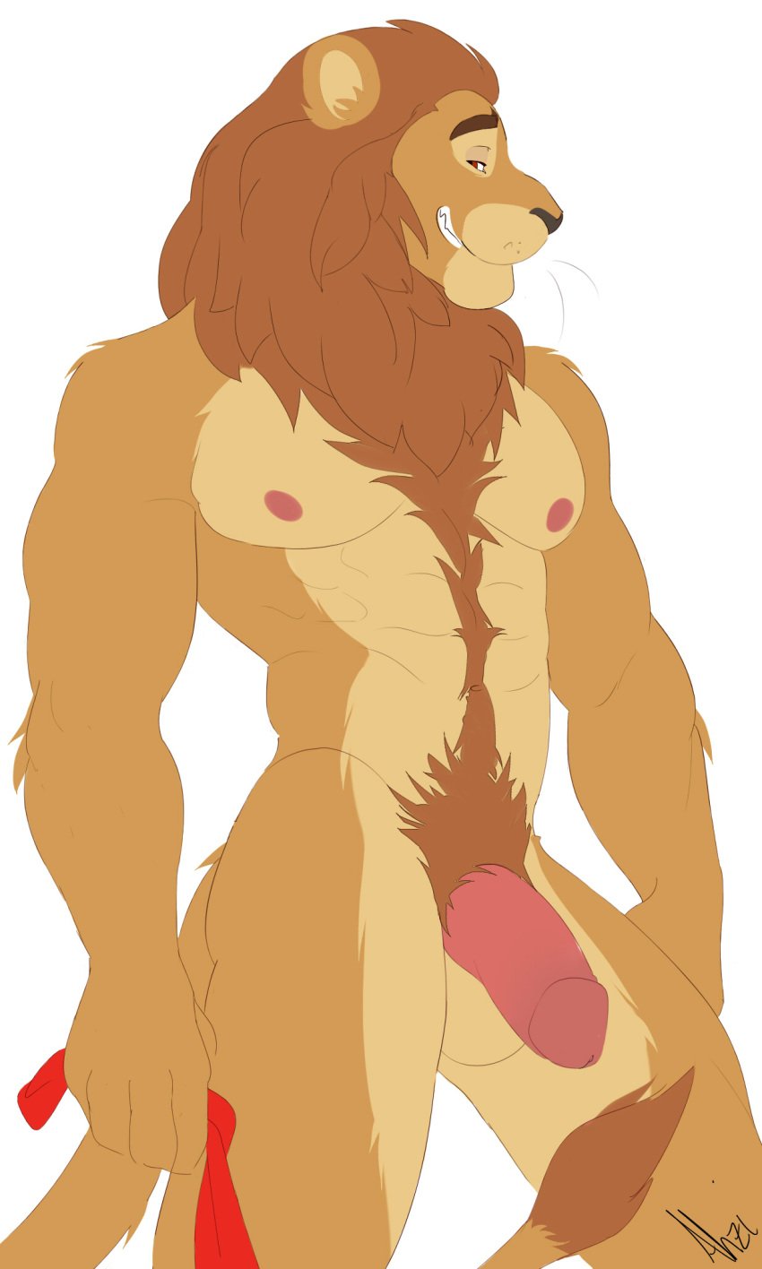 1boy 2016 abs ahzi anthro balls biceps big_penis black_nose body_hair brown_fur brown_mane chest_hair eyebrows feline flaccid front_view fur grin hair happy_trail hi_res humanoid_penis lion looking_at_viewer male male_only mammal mane muscular muscular_male navel nipples nude pecs penis pubes red_eyes simple_background smile solo standing tan_fur teeth whiskers white_background