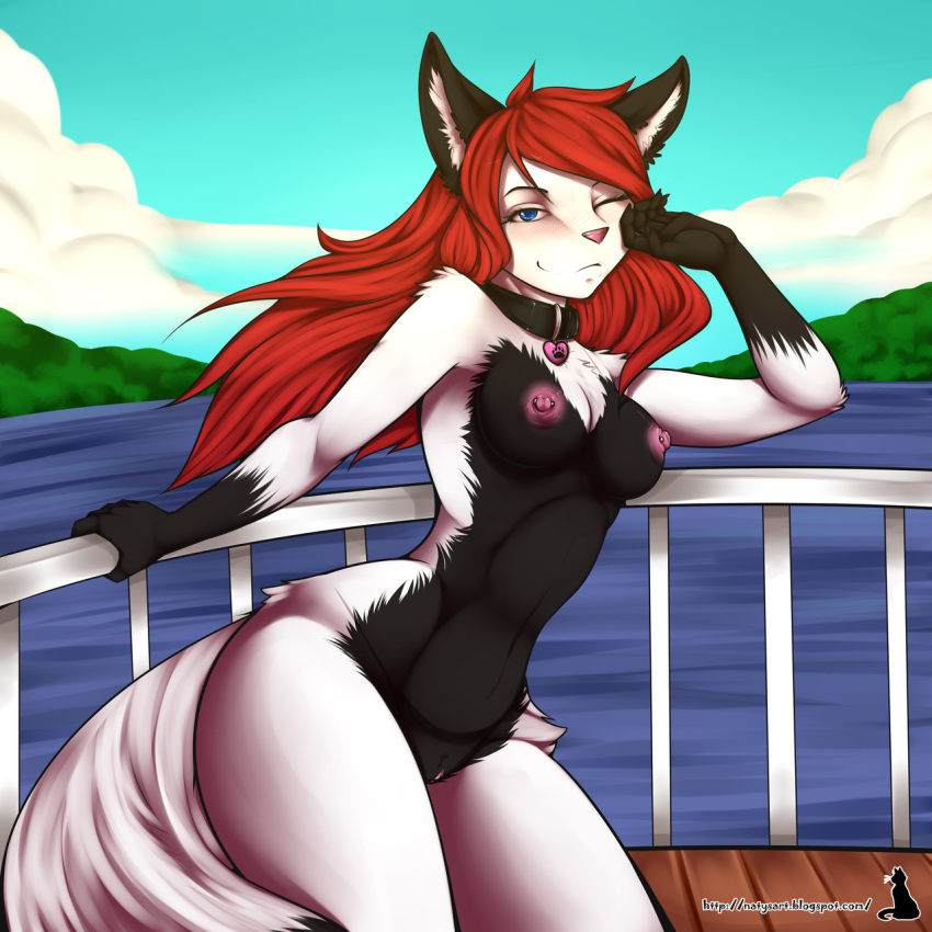 anthro blue_eyes breasts canine collar female fox looking_at_viewer mammal natysanime nipple_piercing nipples nude one_eye_closed piercing pussy red_hair solo