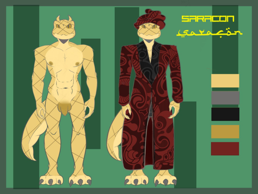 1boy anthro arabic_text balls clothing english_text green_background headwear horn horned_bush_viper looking_at_viewer male male_only model_sheet nude penis persian_text reptile scalie simple_background snake solo suki262 text urdu_text