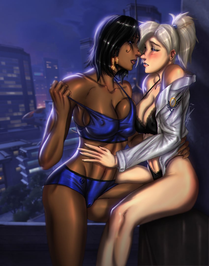 2girls black_hair blonde_hair blushing dark_skin erect_nipples imminent_kiss imminent_sex lingerie mercy nipples overwatch pharah romantic ultamisia undressing yuri