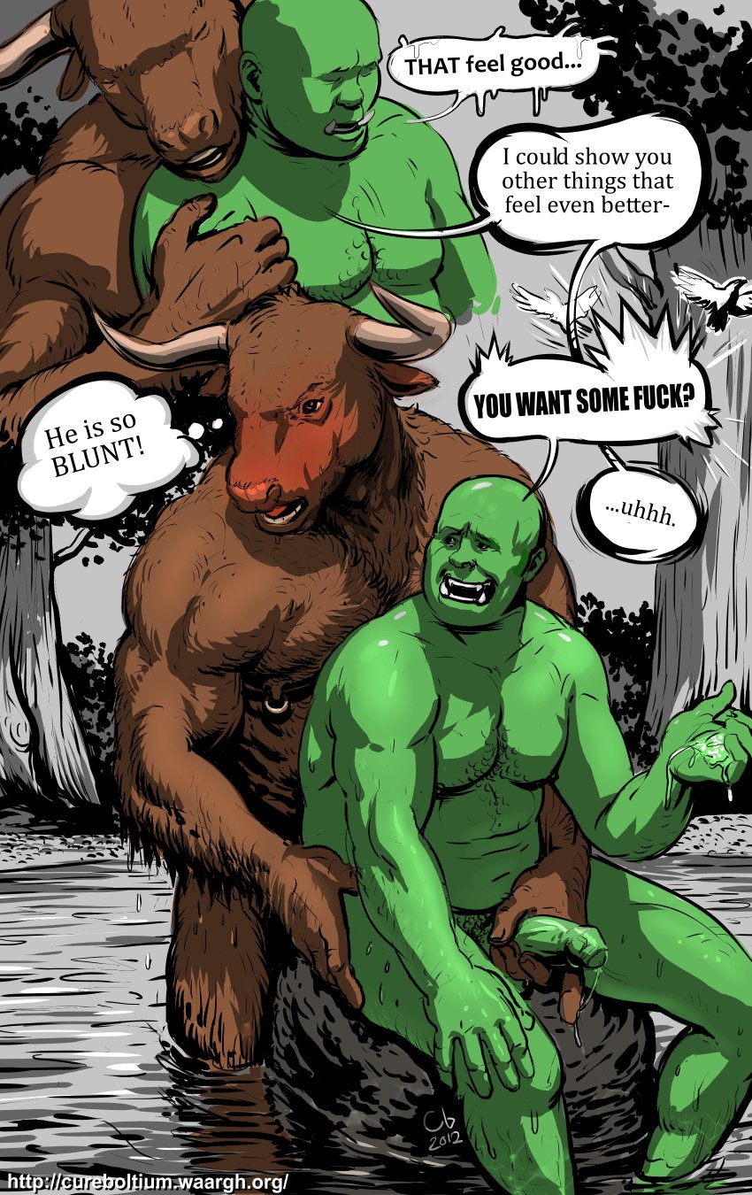 blush body_hair bovine cattle cum_in_hand cureboltium dialogue embarrassed fictional_interracial gay holding_penis hug humanoid male male/male male_on_male male_only mammal minotaur muscular nude open_mouth orc orc_male penis rock romantic slightly_chubby uncut water