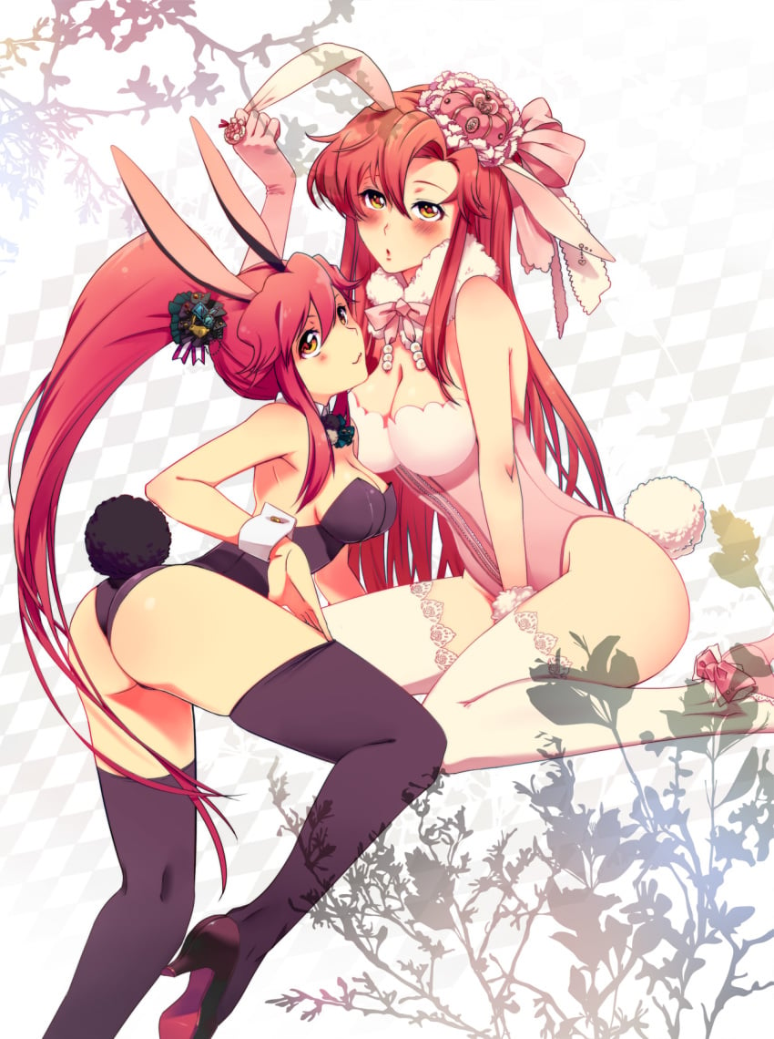 2girls animal_ears bare_shoulders black_legwear blush bow bowtie breasts bunny_ears bunny_girl bunny_tail bunnysuit cleavage dual_persona hair_ornament high_heels highres large_breasts legs long_hair long_legs multiple_girls ponytail red_hair sako shoes tail tengen_toppa_gurren_lagann thighhighs thighs tied_hair white_legwear wrist_cuffs yoko_littner