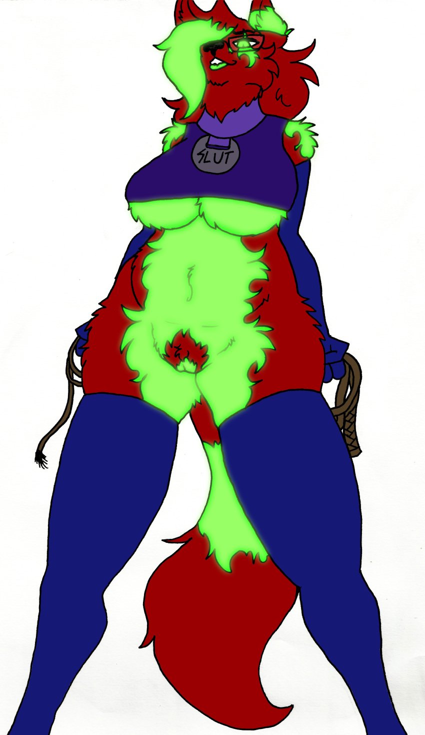 2016 absurd_res anthro big_breasts biting_lip bottomless breasts canine clothed clothing collar eyewear female fox fur glasses gloves glowing glowing_eyes glowing_fur glowing_lip hair hair_over_eye hi_res legwear long_hair looking_at_viewer mammal multicolored_fur navel pussy redgreenfluffball rule_63 simple_background slightly_chubby smile solo stockings teeth thick_thighs voluptuous whip white_background wide_hips zach_snowfox