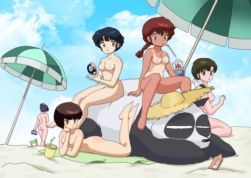 1boy 5girls akane_tendo ass bangs barefoot beach beach_umbrella black_hair blue_eyes bow braid breasts brown_eyes brown_hair clouds collarbone cowgirl_position feet genma_saotome hairbow kasumi_tendo lying mannystrowman multiple_girls nabiki_tendo navel nipples nude on_stomach panda ponytail ranma-chan ranma_1/2 ranma_saotome red_hair rule_63 short_hair single_braid sky small_breasts soles tanline tied_hair toes umbrella wariza white_bow