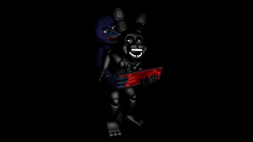 2016 3d ambiguous_gender ambiguous_penetration animatronic anthro avian beak bird bisexual_(artist) black_rabbit_(popgoes) bow_tie buckteeth corvid crow dark dark_background fazbear_fanverse five_nights_at_freddy's lagomorph machine male mammal open_mouth popgoes rabbit robot sex sign stone_(popgoes) tagme teeth text video_games