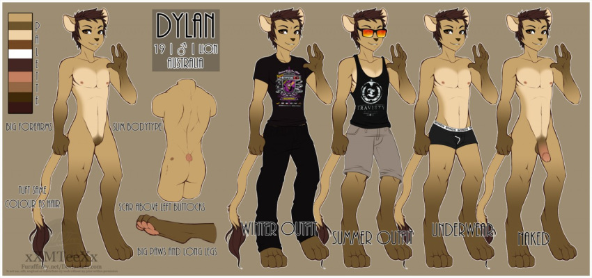 1boy anthro balls briefs clothed clothing eyewear featureless_crotch feline humanoid_penis lion looking_at_viewer male male_only mammal model_sheet multiple_images nude penis smile solo sunglasses underwear xxmteexx