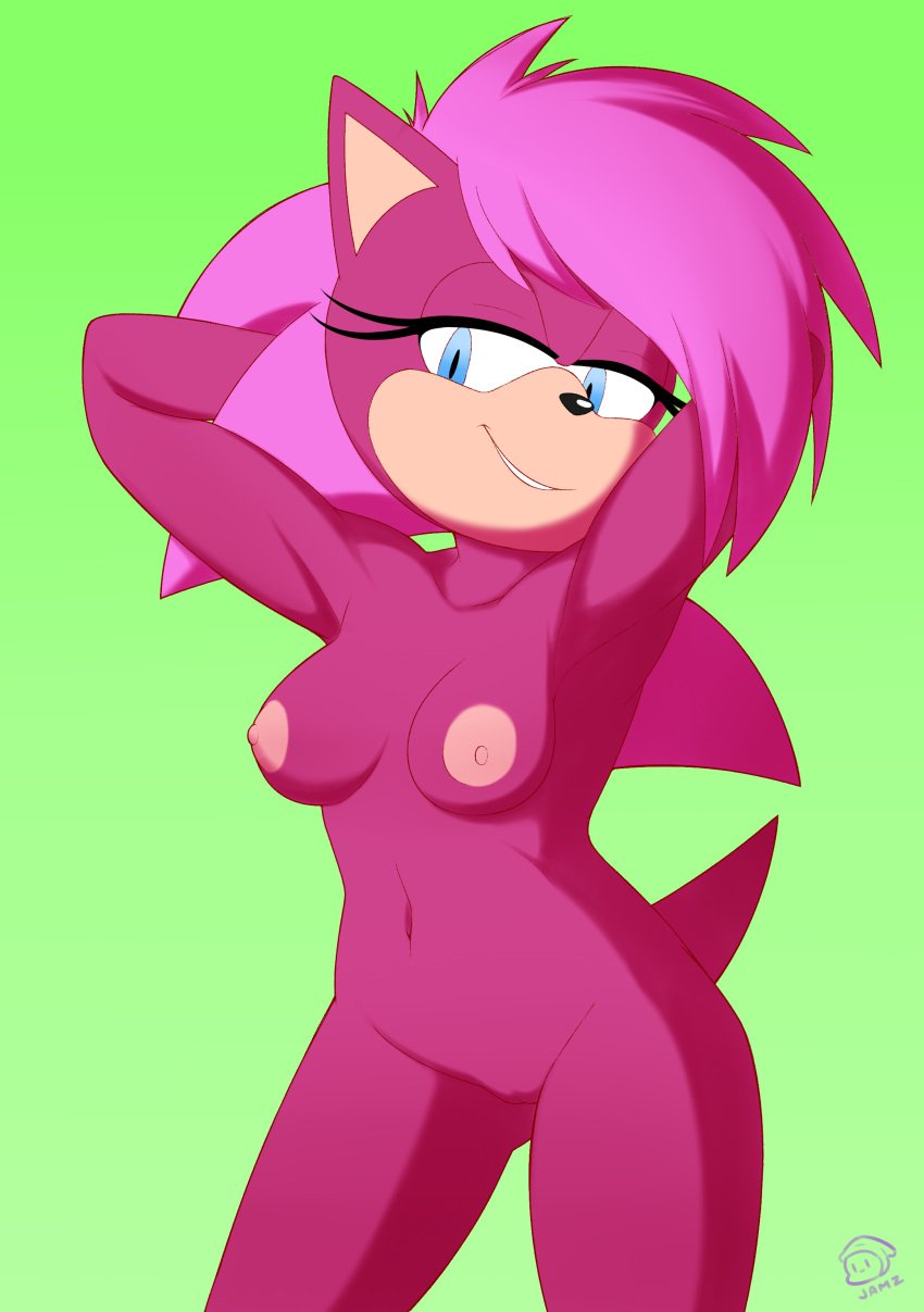 anthro blue_eyes breasts eyelashes female fur furry furry_only hedgehog jammiez looking_at_viewer mammal mobian mobian_(species) naked nipples nude pussy solo sonia_the_hedgehog sonic_(series) sonic_underground tail thick_thighs vagina