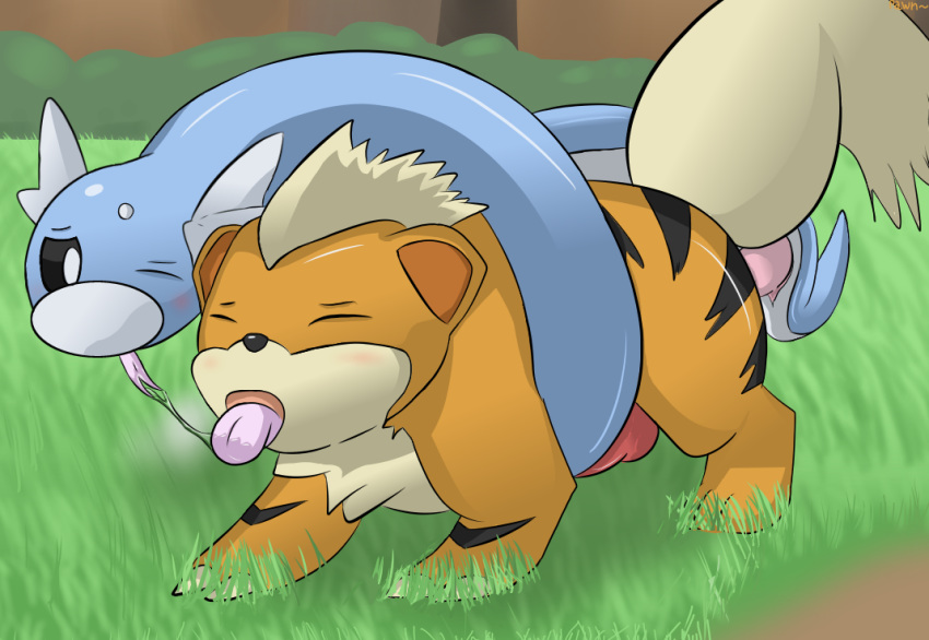 2boys anal anal_sex ass black_eyes blue_skin blush canine canine_penis closed_eyes dratini drooling erection feet forest from_behind furry gay grass growlithe hi_res horn kissing knot long_tongue male male_only nintendo open_mouth orange_fur outside pawn paws penis pokemon pokemon_(species) precum saliva sex stripes tail tongue tongue_out tree video_games wince