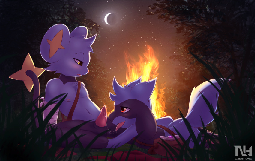 anthro blush campfire canine drooling erection feline fierysintle furry hikari male mammal nathan nintendo nipples oral outdoors penis pokemon pokemon_mystery_dungeon precum riolu romantic saliva shinx team_angelic tongue tongue_out yaoi young