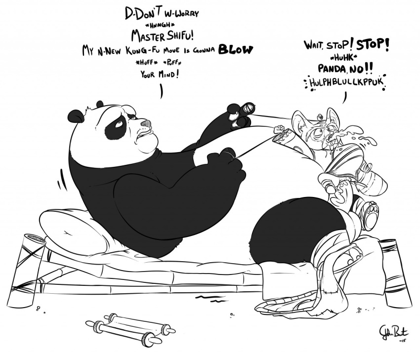 2015 anal anthro bear bed belly black_and_white bound cum cum_in_ass cum_in_mouth cum_inside cum_through dreamworks forced inflation ink kung_fu_panda larger_male male_only mammal master_shifu monochrome orgasm overweight panda paws penis po red_panda robe sex size_difference smaller_male starfig