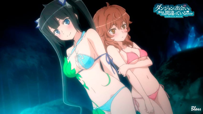 bikini black_hair blue_eyes breasts cleavage dungeon_ni_deai_wo_motomeru_no_wa_machigatteiru_darou_ka hestia_(danmachi) large_breasts liliruca_arde long_hair screencap stitched tagme