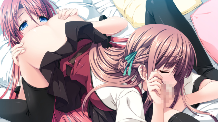 1boy 1girls 69 adjusting_hair ass ass_grab belt black_legwear black_skirt blue_eyes brown_hair censored closed_eyes cunnilingus fellatio female femboy femboy_on_female game_cg green_ribbons hair_ribbon hand_on_another's_penis hetero kisaragi_shuuji koisuru_otome_to_shugo_no_tate long_hair lying male/female mattress minase_nozomi mosaic_censoring on_back oral penis pillow red_hair ribbon school_uniform sex skirt skirt_lift straight thighhighs