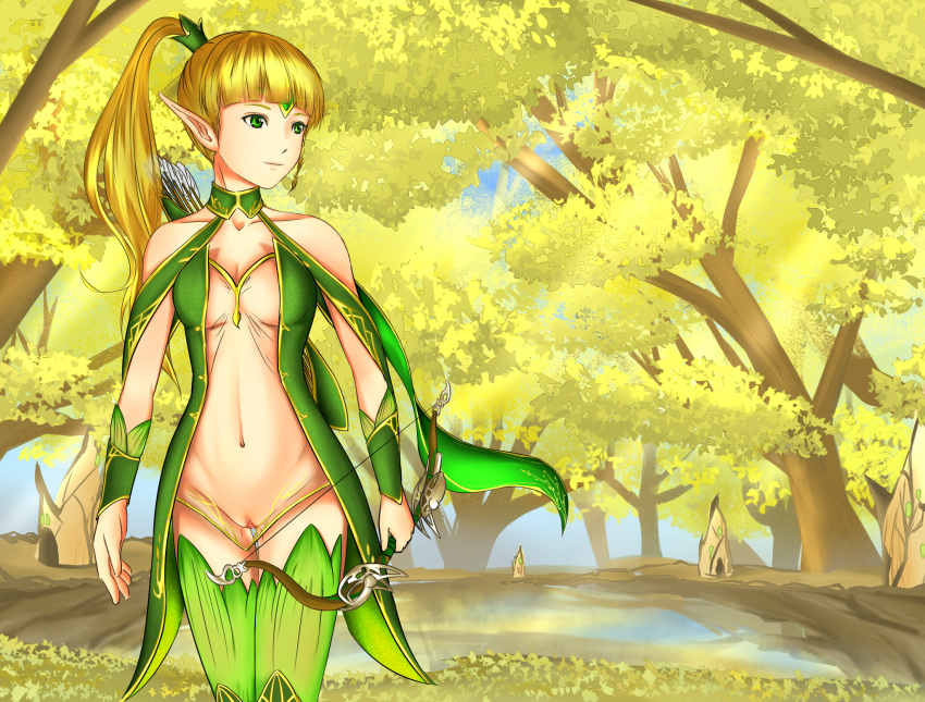 archer_(dragon_nest) breasts dragon_nest dress elf female forest gold_hair green_eyes liya_(dragon_nest) nature outdoors plant pussy sky solo