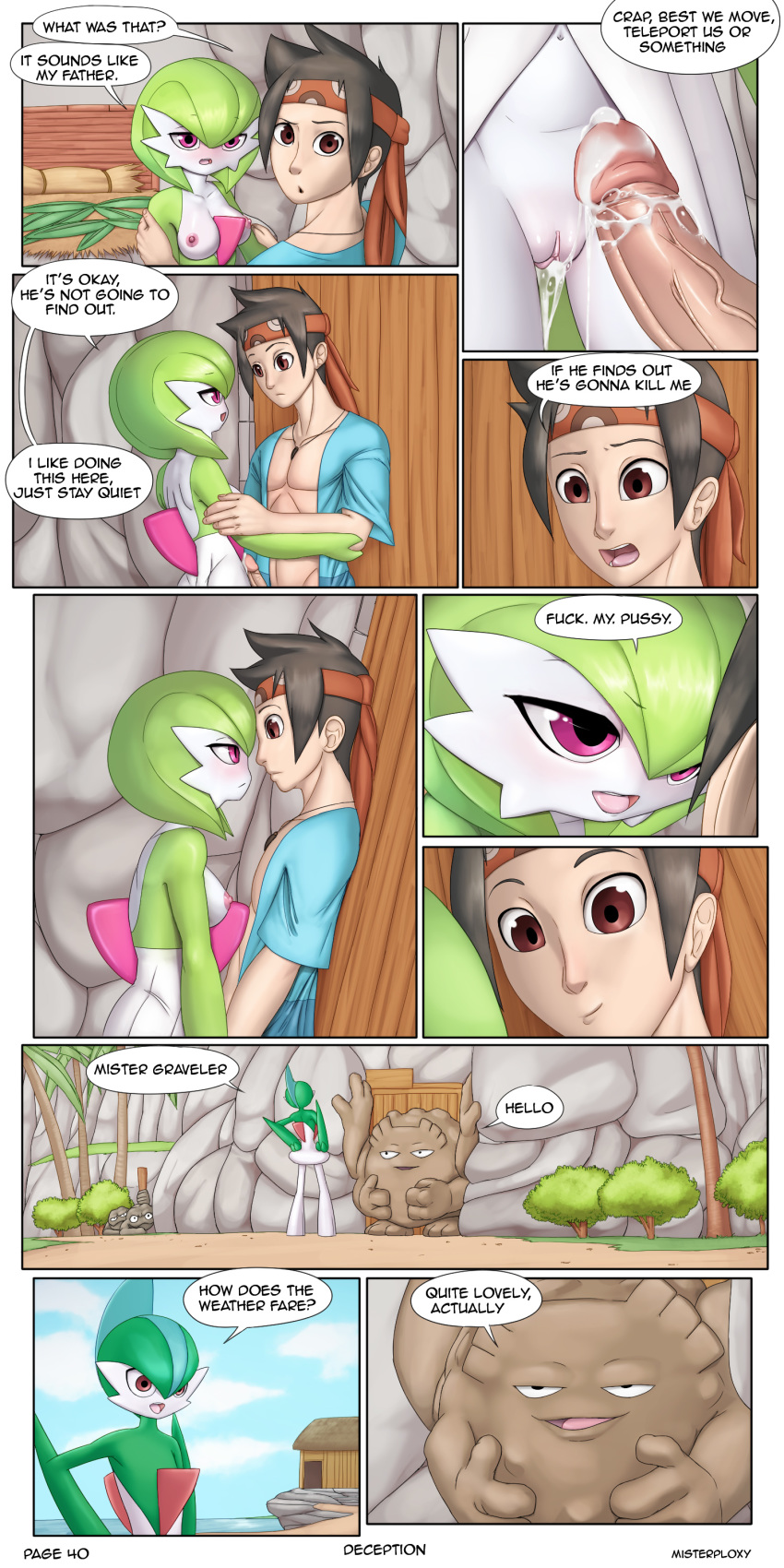 1girls 2016 2boys after_sex ambiguous_gender anthro areolae back big_breasts big_penis black_eyes blush breasts brown_eyes brown_hair clothed clothing comic cum cum_in_pussy cum_inside dialogue english_text erect_nipples erection eye_contact female gallade gardevoir geodude graveler green_hair hair half-closed_eyes hi_res human humanoid interspecies male mammal masterploxy necklace nintendo nipples nude open_mouth page_40 penis pink_eyes pokemon pokemon_(species) pussy red_eyes sex shirt short_hair smile standing text vaginal_penetration veins veiny_penis video_games