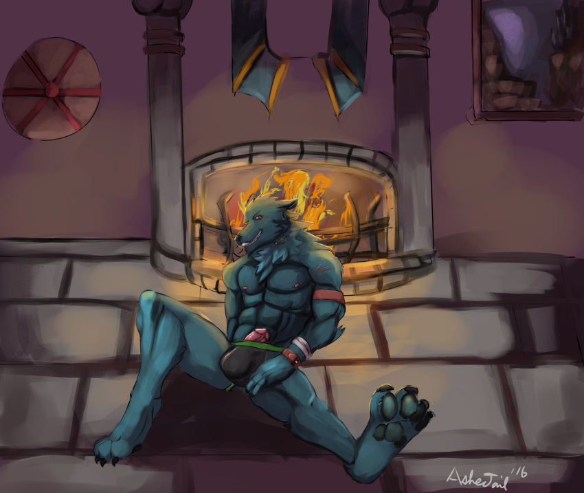 1boy 2016 4_toes anthro ashertail canine claws clothing fireplace jockstrap killer_instinct male male_only mammal muscular muscular_male painting pawpads penis sabrewulf_(killer_instinct) shield solo toes uncensored underwear were werewolf wolf yaoi