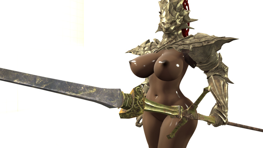 1girls 2016 3d armor ass bare_legs big_ass big_breasts breasts dark-skinned_female dark_skin dark_souls dragon_slayer_ornstein female female_only fingers fromsoftware hands helmet hips knight large_breasts legs looking_at_viewer melee_weapon nipples polearm pussy rule_63 scrungusbungus shiny solo source_filmmaker spear standing stomach warrior weapon white_background