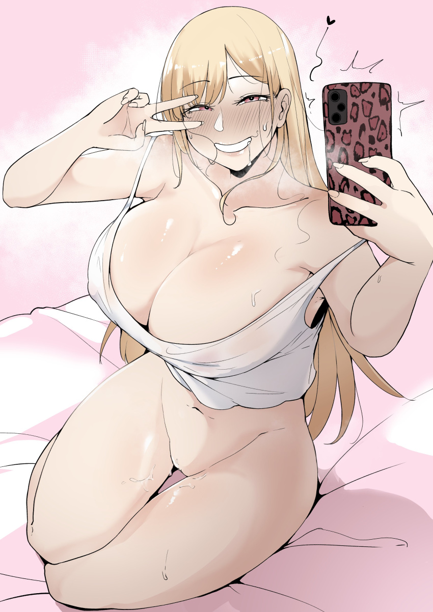 1girls big_breasts blonde_hair cellphone female gyaru kitagawa_marin kneeling large_breasts puzenketsu solo sono_bisque_doll_wa_koi_wo_suru stray_pubic_hair v