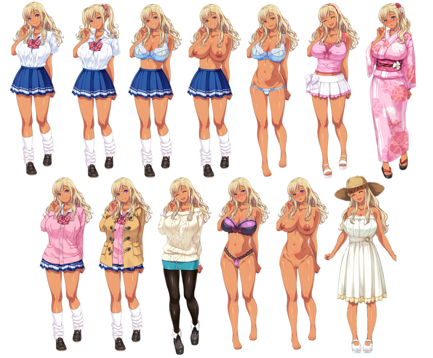 1girls baka_dakedo_chinchin_shaburu_no_dake_wa_jouzu_na_chii-chan blonde_hair blush bra breasts cardigan character_sheet dark_skin dress eyebrows game_cg ganguro gyaru hamashima_shigeo hat highres large_breasts long_hair looking_at_viewer loose_socks miniskirt nail_polish navel nipples nude panties pink_nails pleated_skirt purple_eyes pussy school_uniform shiina_chieri skirt smile socks sun_hat sundress sweater underwear white_dress