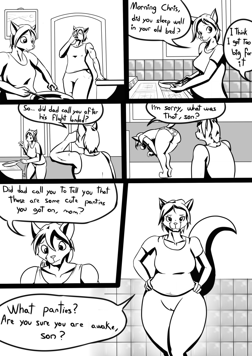 2016 anthro ass bottomless breasts canine chris_hayabusa clothed clothing comic cooking dialogue english_text female fur hair hi_res humor incest kitchen male mammal mature_female mother mother_and_son original original_character original_characters parent plaga presenting presenting_hindquarters pussy shirt smile son spatula suzanne_hayabusa t-shirt text underwear wolf