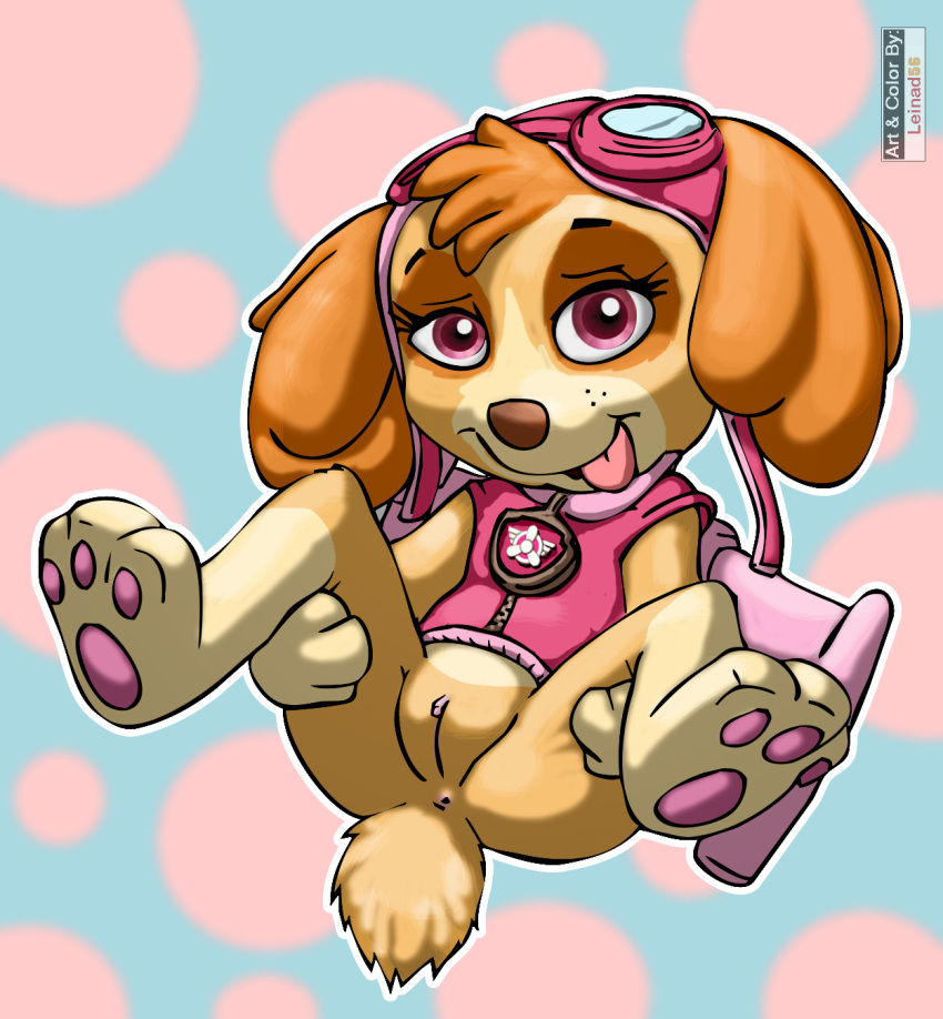 anthro anthrofied brown_fur canine clothed clothing cocker_spaniel cub eyewear female fur goggles jet_pack leinad56 mammal paw_patrol paws pink_eyes presenting pussy skye_(paw_patrol) smile solo spread_legs spreading tan_fur