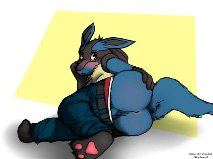 1boy 2015 3_toes 4_fingers abstract_background anthro anus ass belt blue_fur blush canine claws clothed clothing edit feet feet_in_camera fur furry hand_on_ass looking_at_viewer looking_back lucario lying male male_only mammal nintendo on_side open_mouth pants pants_down partially_clothed pawpads paws perineum pokemon pokemon_(species) presenting presenting_anus presenting_hindquarters qmanshark rear_view red_eyes simple_background solo tail testicles text toes tongue underwear underwear_down video_games