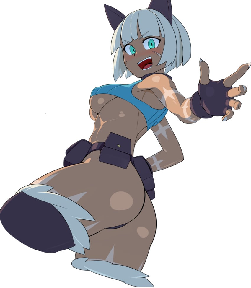 animal_ears aqua_eyes ass belt belt_pouch black_legwear blush breasts cat_ears collar covered_nipples crop_top cropped_legs dark-skinned_female dark_skin female fingerless_gloves fur_trim gloves looking_at_viewer nadia_fortune nisetanaqa open_mouth pouch scar sharp_fingernails short_hair simple_background skullgirls sleeveless solo thighhighs underboob white_background white_hair