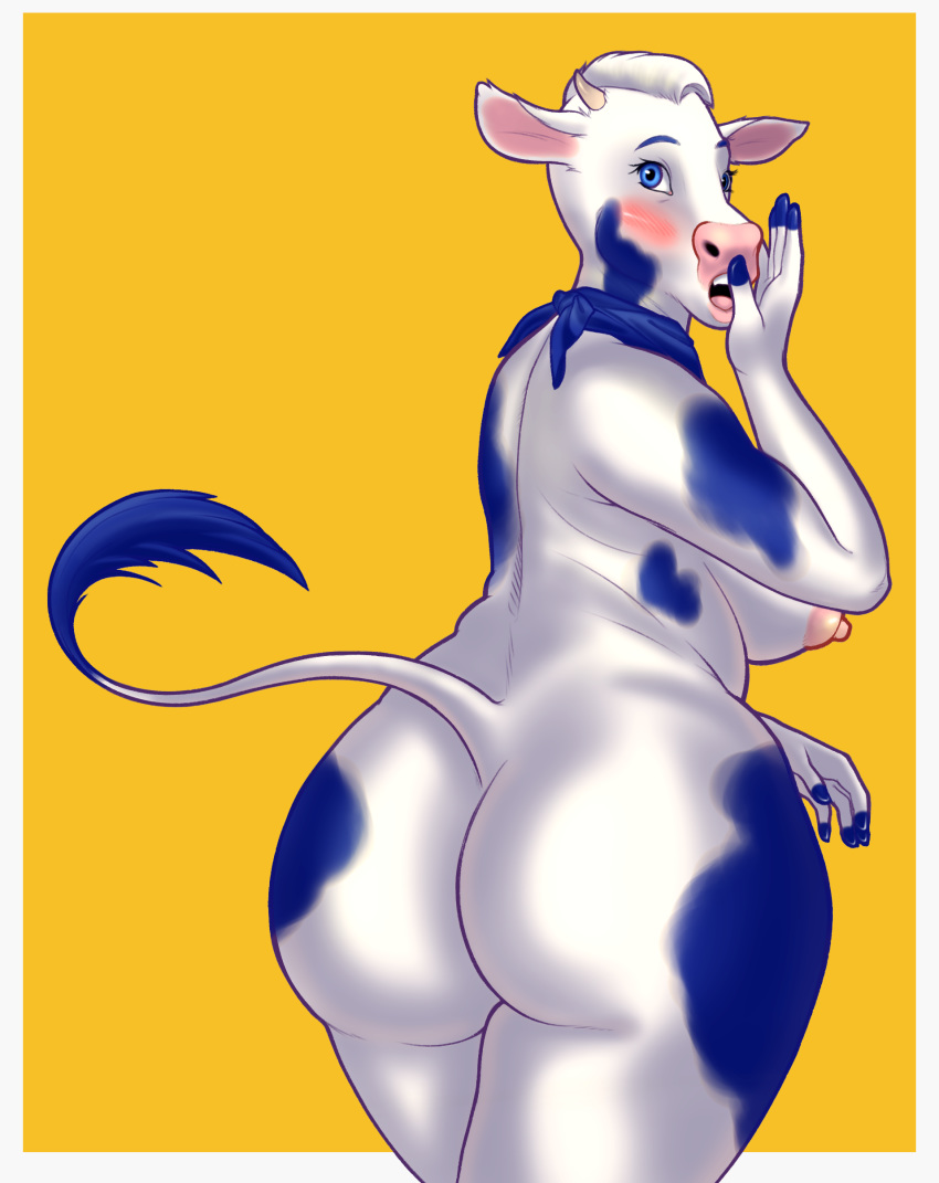 anthro ass big_butt blue_eyes blush bovine breasts cattle female fur hi_res horn lactaid lactaid_cow looking_back mammal mascot neckerchief nude open_mouth raised_tail rear_view simple_background slightly_chubby solo thick_thighs white_fur wide_hips xouual