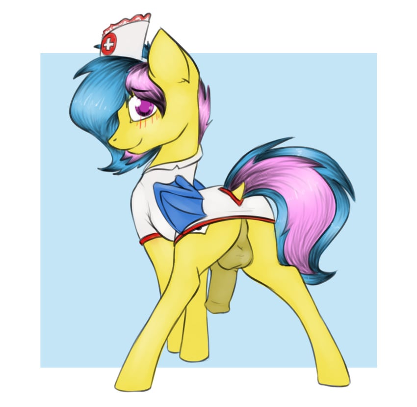 balls bat_wings blush clothed clothing costume crossdressing equine erection fan_character horse inviting looking_back mammal marsminer membranous_wings my_little_pony nurse nurse_uniform penis phyra pony presenting solo uniform wings