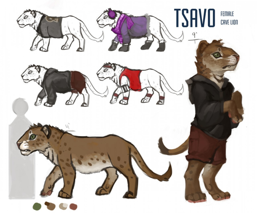 clothed_feral clothing color_swatch english_text feline female feral hoodie lion mammal model_sheet nude on_haunches side_view text tsavo walking