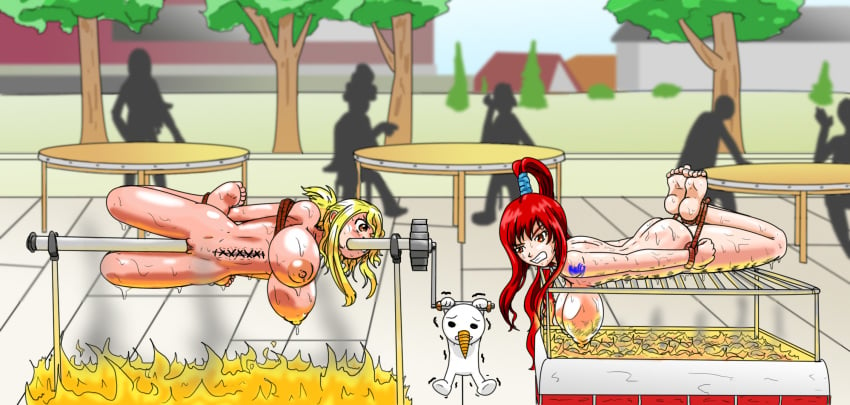 2girls barbecue big_breasts black_eyes blonde_hair bondage breasts brown_eyes cooking erza_scarlet fairy_tail female gore grilled guro gynophagia humiliation impalement jim_sugomi large_breast literal_spitroast long_hair lucy_heartfilia multiple_girls nude outdoor outside pale_skin public pun_pun red_hair roasting roasting_spit straight_hair torture vaginal_all_the_way_through yellow_hair