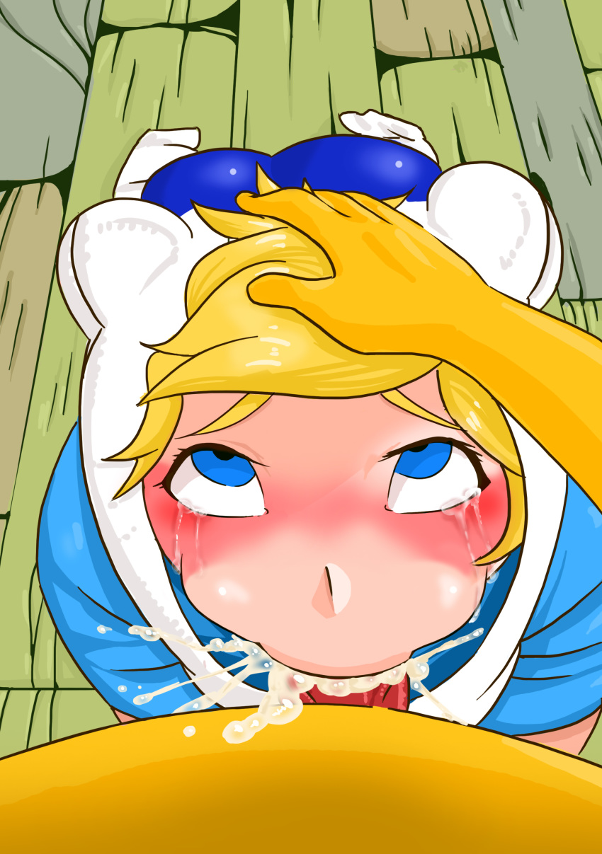 2boys adventure_time blonde_hair blue_eyes cartoon_network cum cum_in_mouth cum_inside e-sac femboy finn_the_human jake_the_dog male/male oral tagme tears