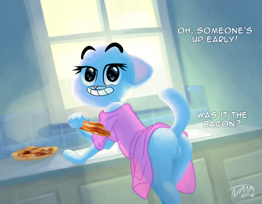 anthro ass bacon bent_over blue_fur breasts cartoon_network clothed clothing dialogue english_text feline feline female food fur looking_back mammal mature_female nicole_watterson parent pose presenting presenting_hindquarters pussy raised_tail skimpy smile solo text the_amazing_world_of_gumball tvma