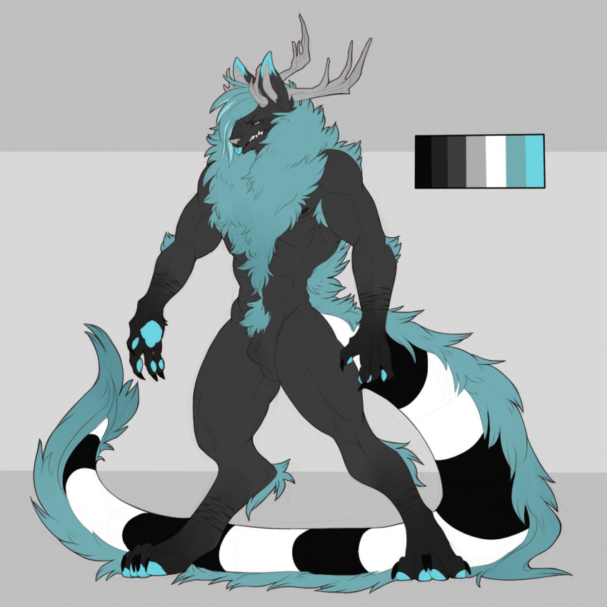 1boy 2015 4_fingers 4_toes abs alternate_species animal_genitalia anthro antlers asura_(character) balls barbed_penis biceps black_balls black_fur black_nipples black_tail blue_eyes blue_fur blue_hair blue_tail blue_tongue booou cervine claws color_swatch digitigrade elbow_tufts front_view fully_sheathed fur grey_background grey_horn grey_nose hair hi_res horn leg_tuft looking_at_viewer male male_only mammal model_sheet monster multicolored_fur multicolored_tail muscular muscular_male neck_tuft nipples nude penis pubes ringed_tail sheath simple_background solo standing tail_tuft teeth toe_claws toes tongue tongue_out tuft white_fur white_tail whitefoxy94