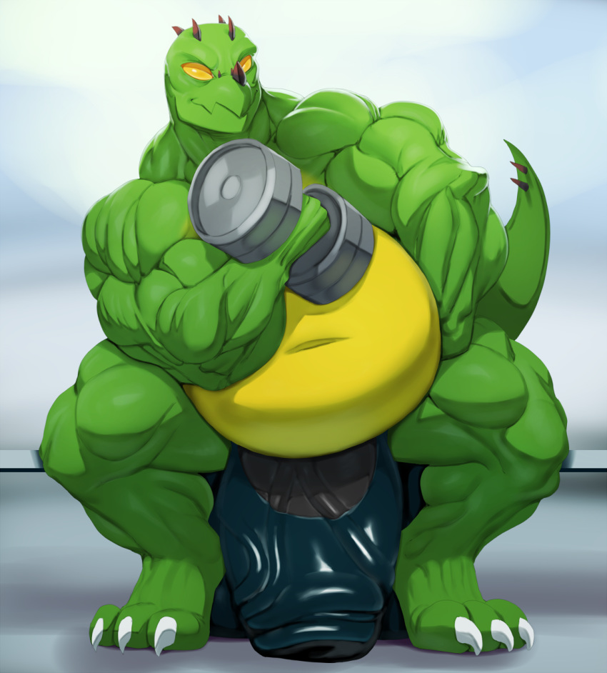 anthro biceps big_biceps big_muscles big_penis claws clothing dinosaur erection flexing front_view hi_res holding_object huge_cock hyper hyper_penis justmegabenewell kneeling looking_at_viewer male male_only manly musclegut muscular muscular_male penis pose relaxing reptile scalie simple_background solo spikes thick_penis thong vein veiny_penis weights work_out yellow_eyes