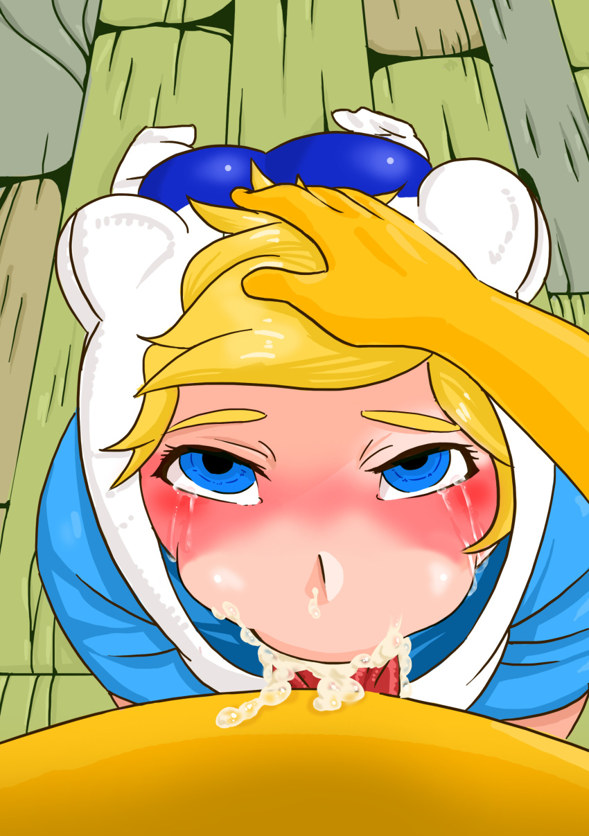 2boys adventure_time blonde_hair blue_eyes cartoon_network cum cum_in_mouth cum_inside e-sac femboy finn_the_human jake_the_dog male/male oral tagme tears