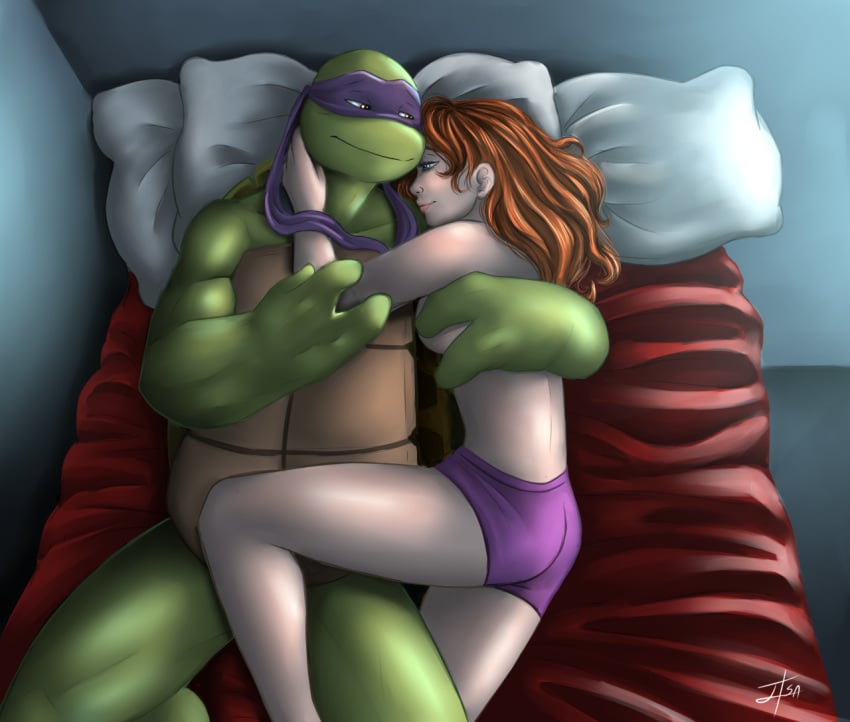 1boy 1girls april_o'neil april_o'neil_(tmnt_2012) bakameganekko breast_grab breasts donatello_(tmnt) female interspecies male on_back reptile scalie straight teenage_mutant_ninja_turtles teenager tmnt_2012 turtle