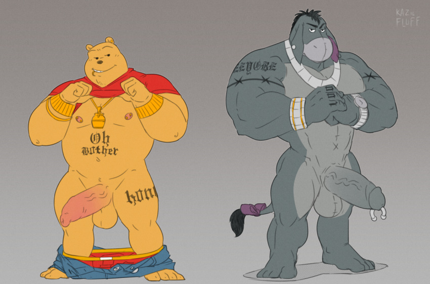 anthro balls bear clothed clothing clothing_lift disney donkey ear_piercing eeyore equine erection facial_piercing genital_piercing kazushi lip_piercing male male_only mammal muscular nipple_piercing nipples pants_down partially_clothed penis penis_piercing piercing pooh_bear shirt shirt_lift smooth_skin tattoo testicles winnie_the_pooh_(franchise)