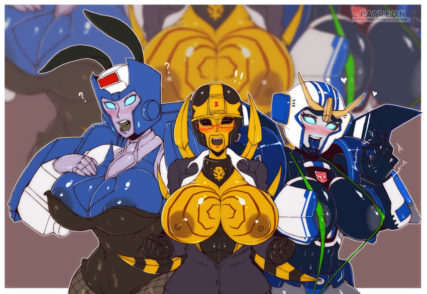 3girls alien alien_girl areola_slip areolae armor beast_wars big_breasts blackarachnia blue_body blue_eyes blush blushing blushing_at_viewer blushing_profusely breasts bunny_ears bunnysuit chromia cleavage embarrassed exposed_breasts female female_focus female_only glasses headwear helmet hi_res highres lipstick multiple_girls nipples open_mouth open_shirt randomboobguy robot robot_girl sling_bikini strongarm_(transformers) take_your_pick topless topless_female transformers transformers_g1 transformers_robots_in_disguise_(2015) yellow_body