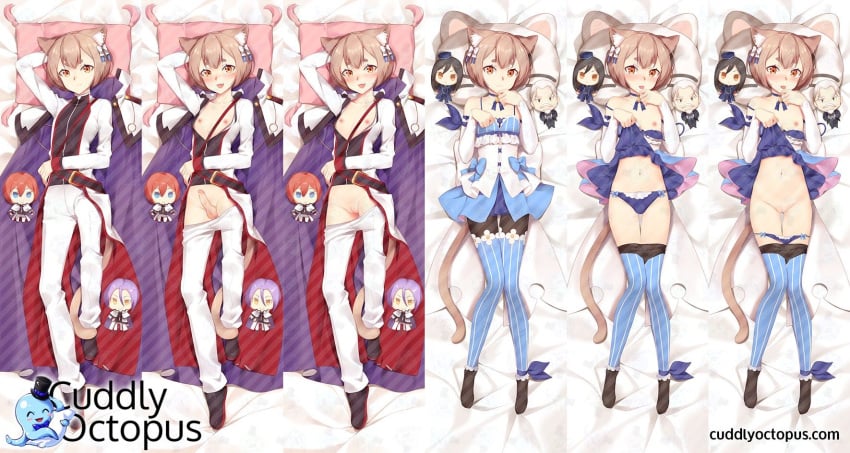 1boy animal_ears bare_shoulders blue_legwear brown_hair cat_ears cat_tail crusch_karsten cuntboy dakimakura detached_sleeves doll dress felix_argyle femboy highres intersex julius_juukulius kyuri_(405966795) looking_at_viewer male open_mouth panties paw_pose penis penis_in_panties pussy re:zero_kara_hajimeru_isekai_seikatsu reinhard_van_astrea short_hair smile solo tail thighhighs trap underwear wilhelm_van_astrea