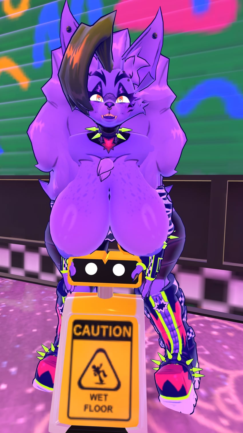 3d breasts breasts_on_head caption captioned five_nights_at_freddy's five_nights_at_freddy's:_security_breach fnaf fnafsb huge_breasts roxanne_wolf_(fnaf) vrchat vrchat_avatar wet_floor_bot_(fnaf)